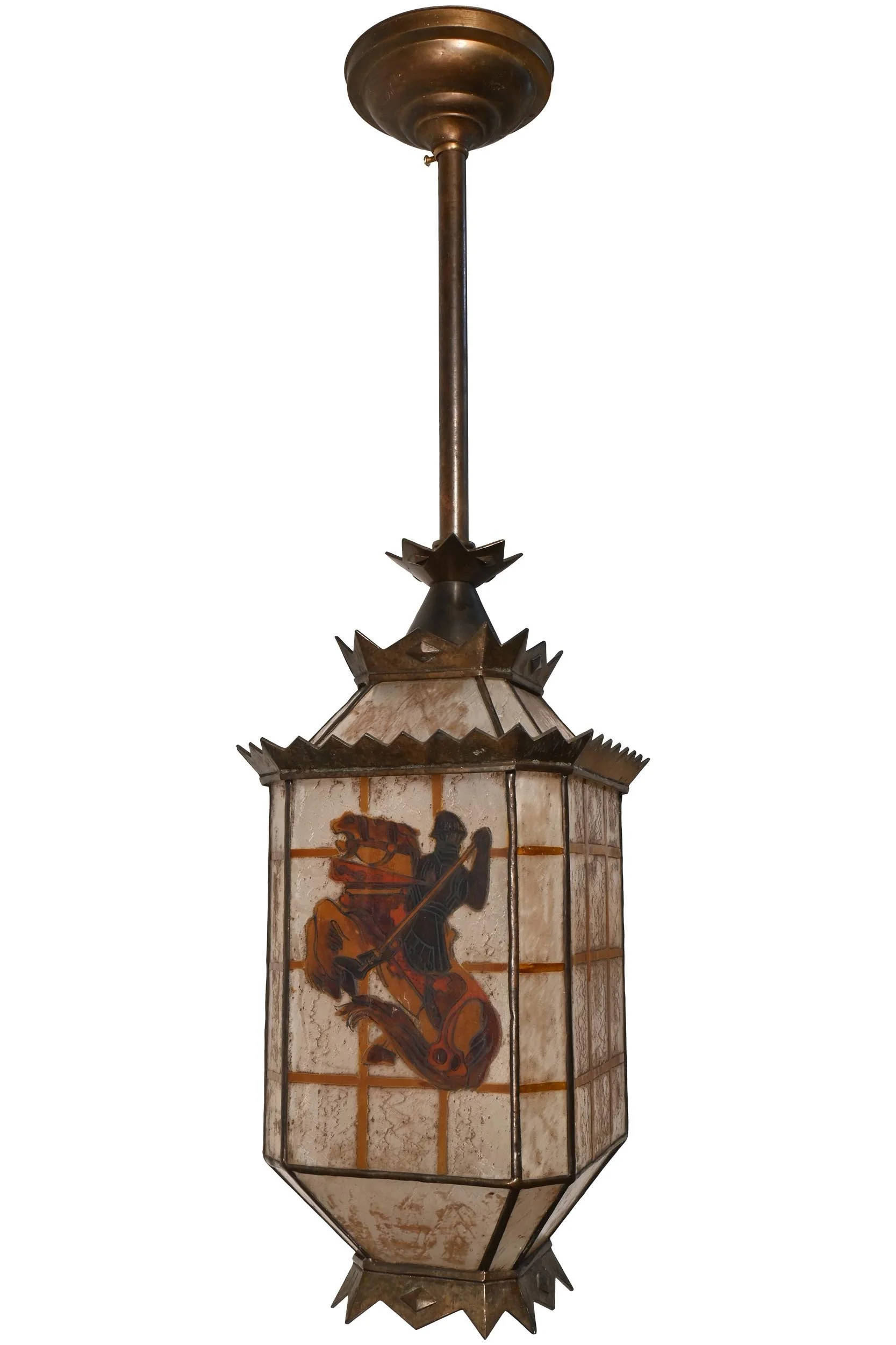jousting knight reverse painted lantern on brass pendant